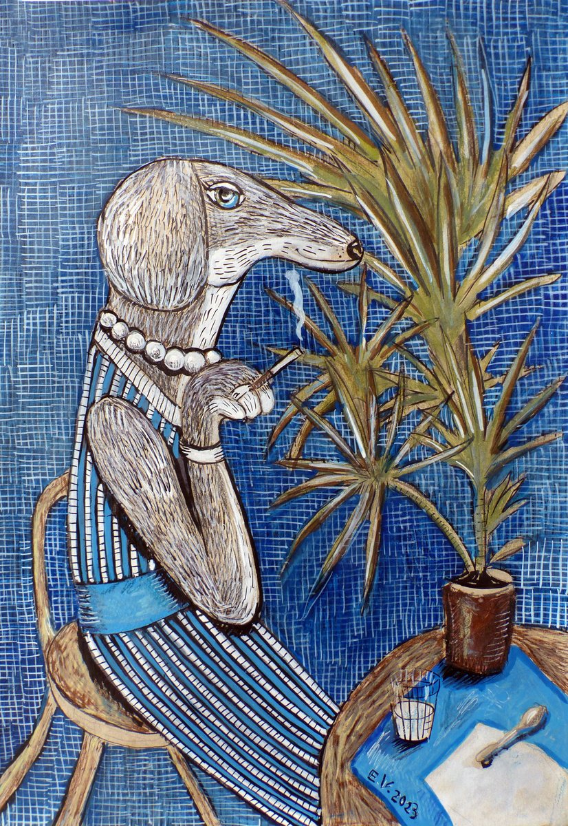 Surrealistic Animal Painting By Elizabeth Vlasova, 12 X 17, Morning Lady, Original Artwork