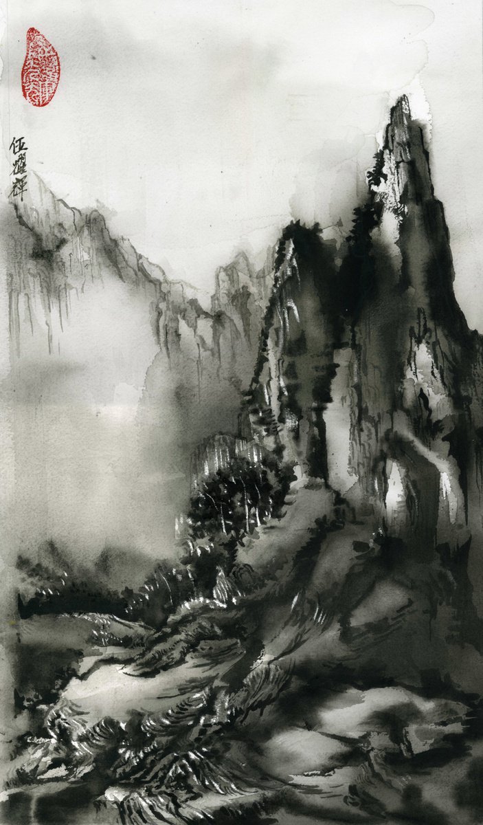 Impressionistic Landscape Watercolour By Alfred Ng, 13 X 22, Chinese Mounatins Watercolor Landscape, Original Artwork