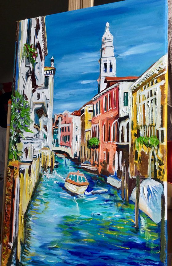 VENICE. CANAL. BOATS. WATER REFLECTIONS. Modern oil painting .