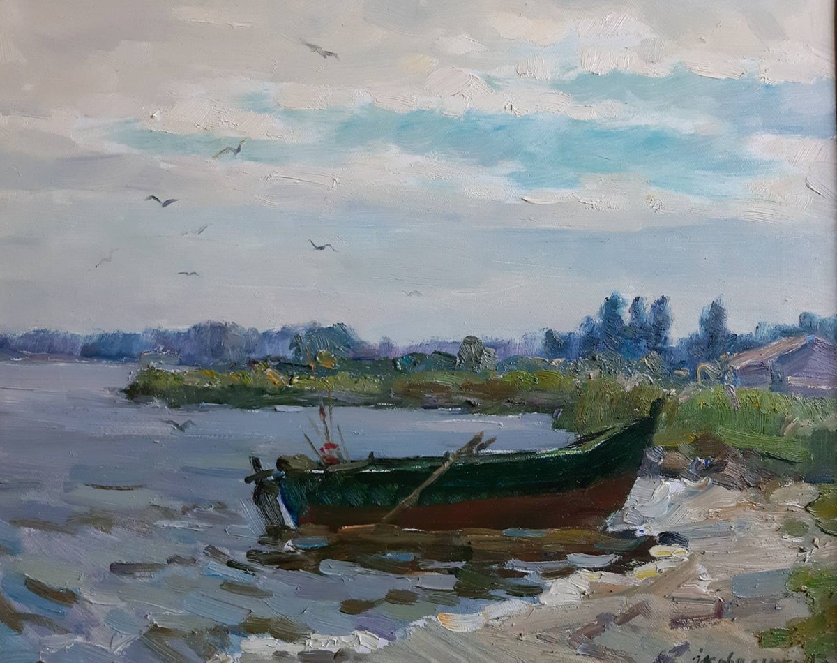 Impressionistic Landscape Oil Painting By Ivan Kovalenko, 20 X 16, Boat Near The Shore, Original Artwork