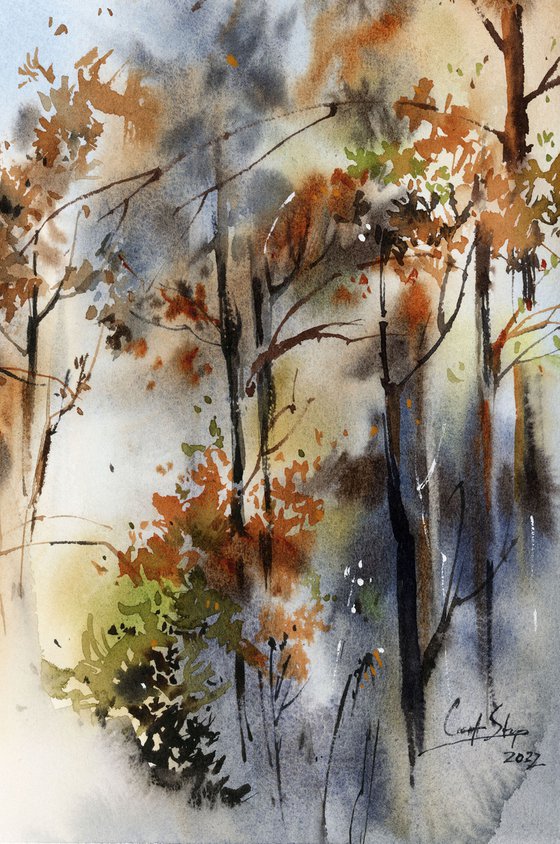 Forest Landscape Nature Watercolor Painting, Trees Painting