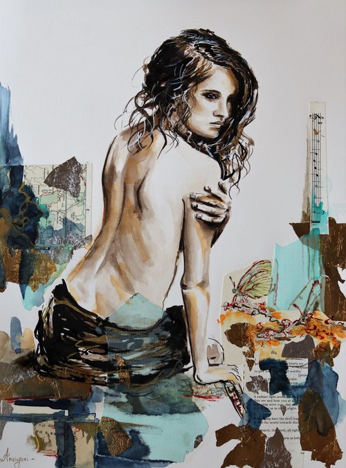 Out Of My Dream II - Woman Watercolor Mixed Media Painting by Antigoni Tziora
