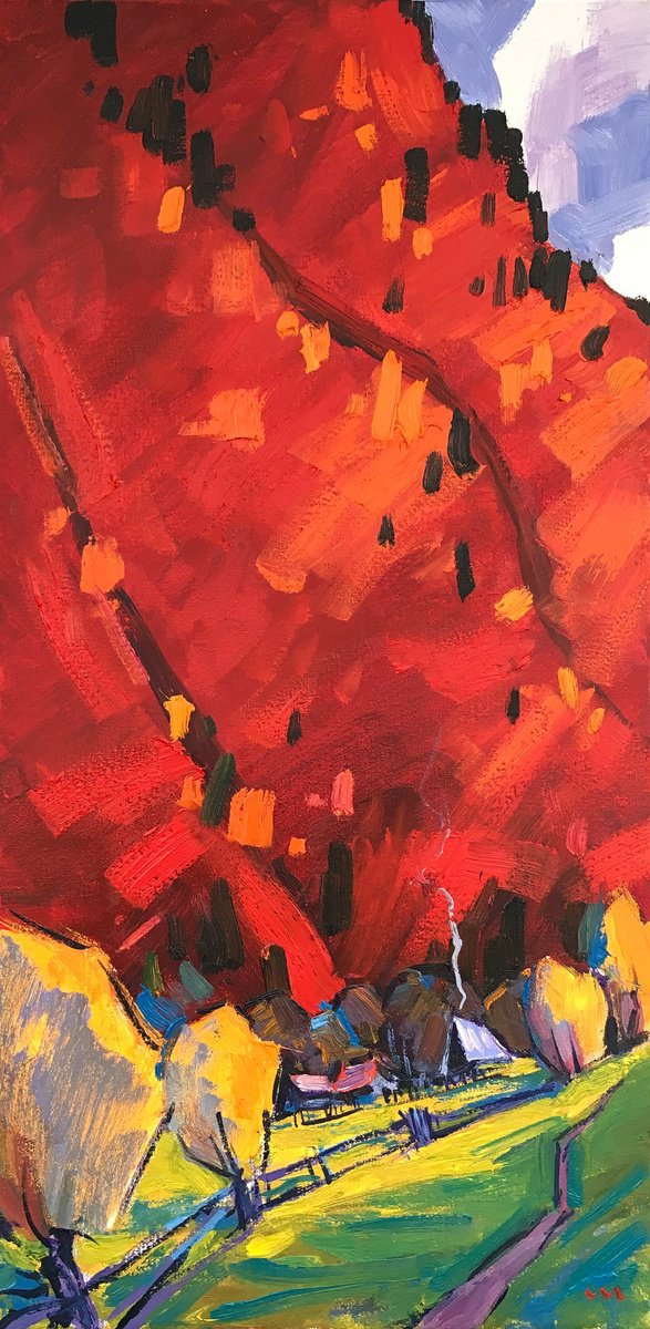 Expressive Landscape Oil Painting By Vasyl Moldavchuk, 15 X 28", Amber Mountain, Original Artwork