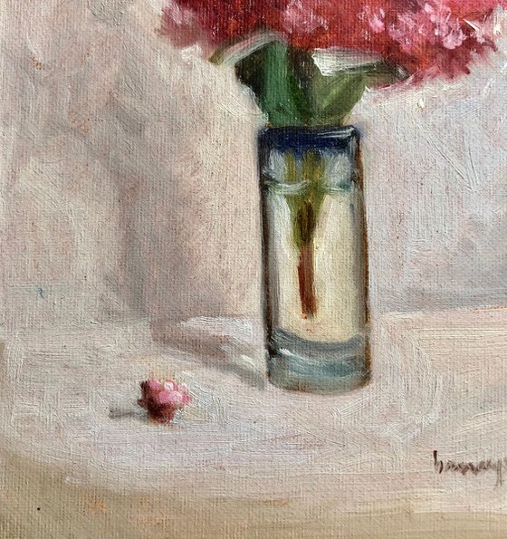 Pink Flower in Glass Still Life Oil Painting on Canvas Board