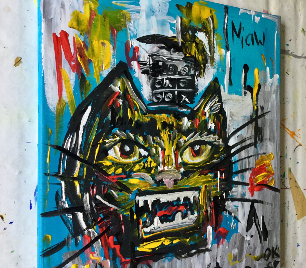 UNTITLED cat version of famous painting by Jean Michel Basquiat