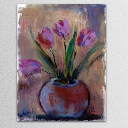 Floral Still Life - Tulips in a Vase -Original Painting on Paper by Anna Lubchik