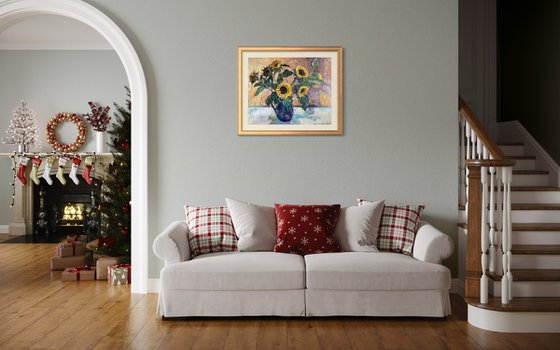 Sunflowers in a blue vase