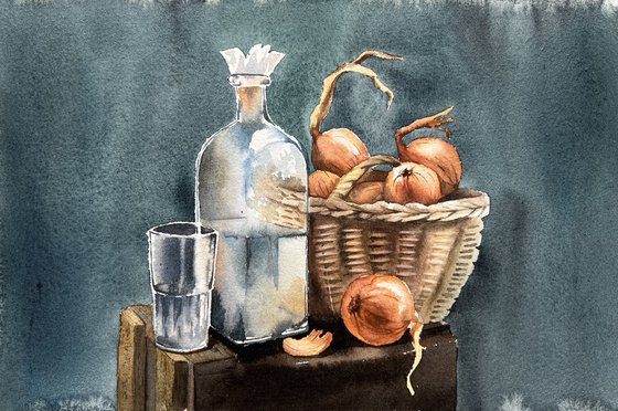Farmer's still life with a basket of onions and a glass bottle.