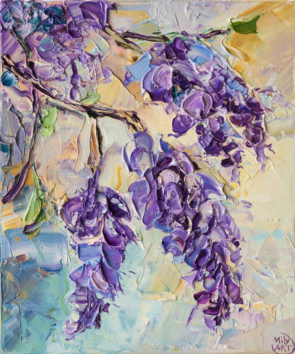 Impressionistic Botanical Oil Painting By Mily Art, 10 X 12", Textured Wisteria Oil Art, Original Artwork
