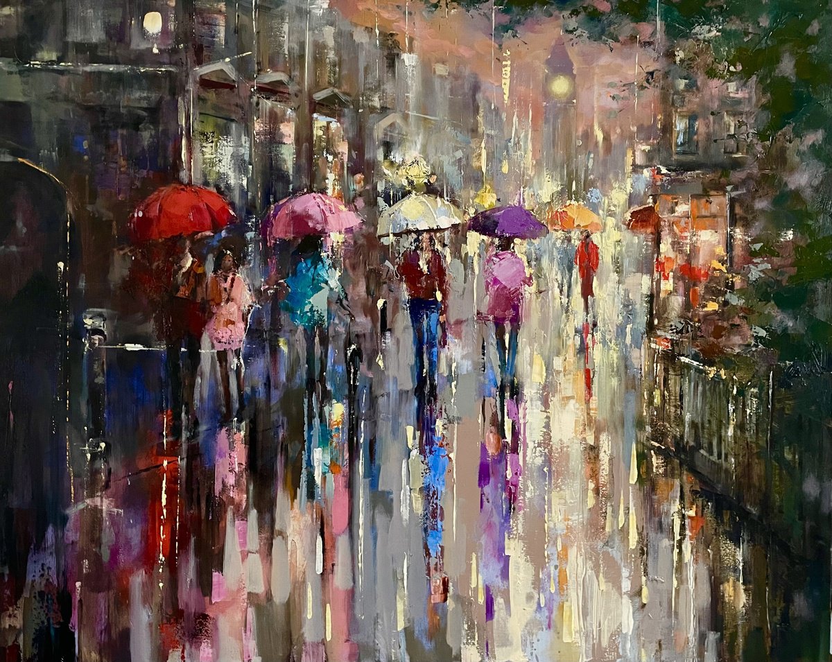 Impressionistic Cityscapes Oil Painting By Ewa Czarniecka, 40 X 32, Streets Lights, Original Artwork