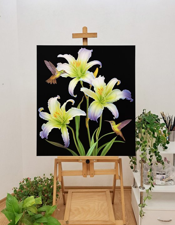 "The song of love", lilies floral painting with birds on black background