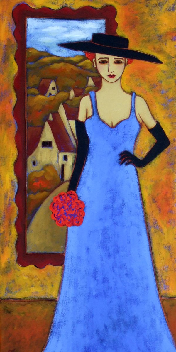 Impressionistic Portrait Oil Painting By Karen Rieger, 12 X 24", Woman With Azure Gown & Ebony Hat, Original Artwork