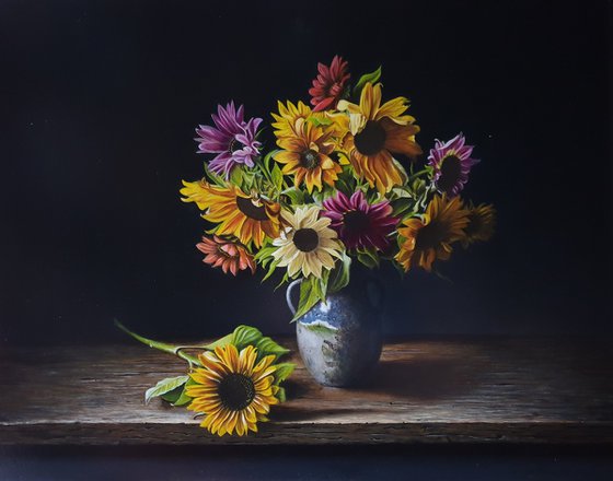 Multicolor sunflowers in a dark atmosphere (55x70cm)