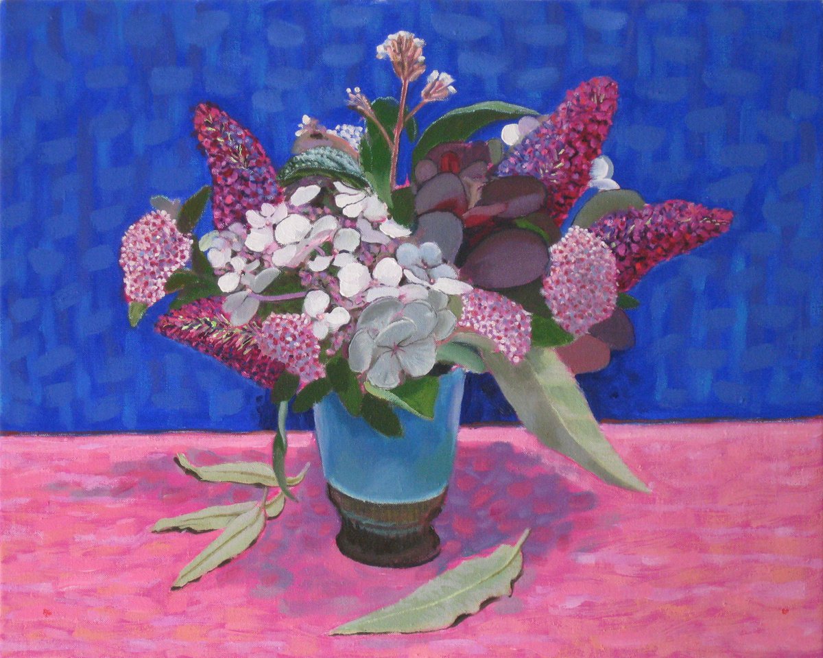 Botanical Oil Painting By Richard Gibson, 20 X 16", Hydrangea And Mixed Flowers, Original Artwork