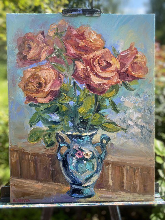 Roses in a vase, 35*45cm, impressionistic flowers oil painting in pink and turquoise