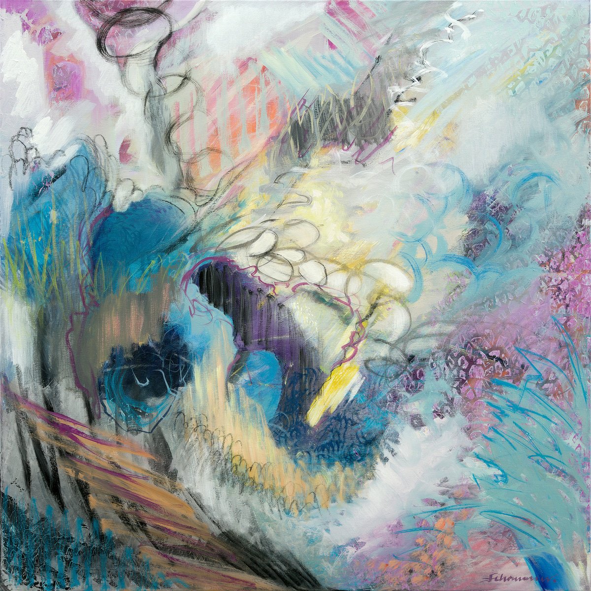 Abstract Acrylic Painting By Uwe Fehrmann, 39 X 39", At The Lake, Original Artwork