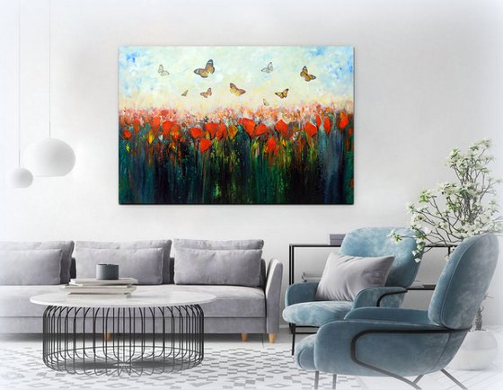 Welcome spring - Large abstract red flowers with butterflies, original artwork, abstract landscape