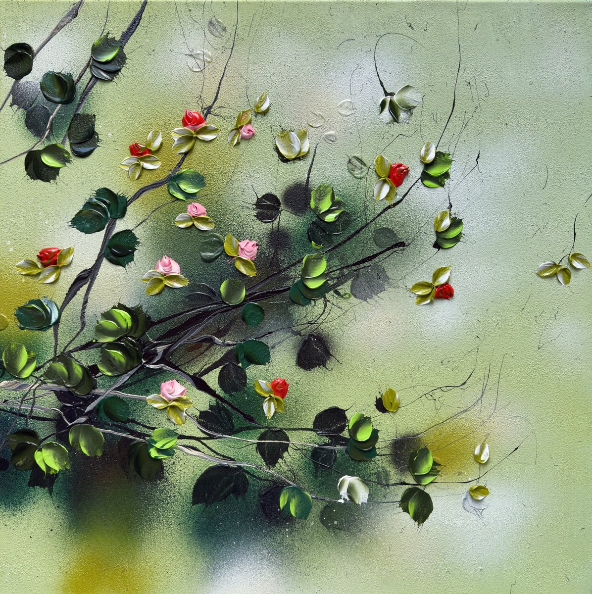 Expressive Botanical Acrylic Painting By Anastassia Skopp, 24 X 24, Green Rose Bush, Original Artwork