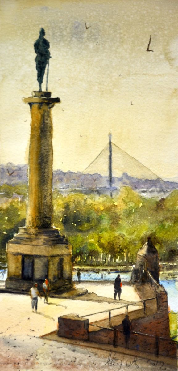 Sunny day with Winner statue and Ada bridge Belgrade small by Nenad Kojic watercolorist