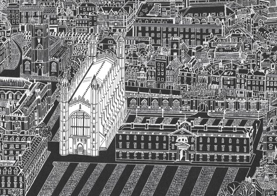 Cambridge and King's College black and white drawing with (hand-cut) collage detail