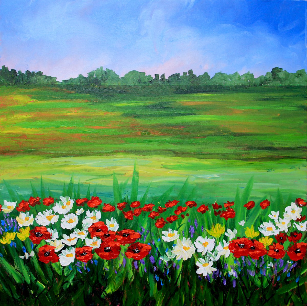 Poppies and daisies original oil painting by Olya Shevel