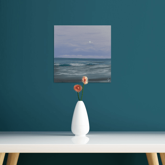 Moon Rising, full moon over the ocean painting