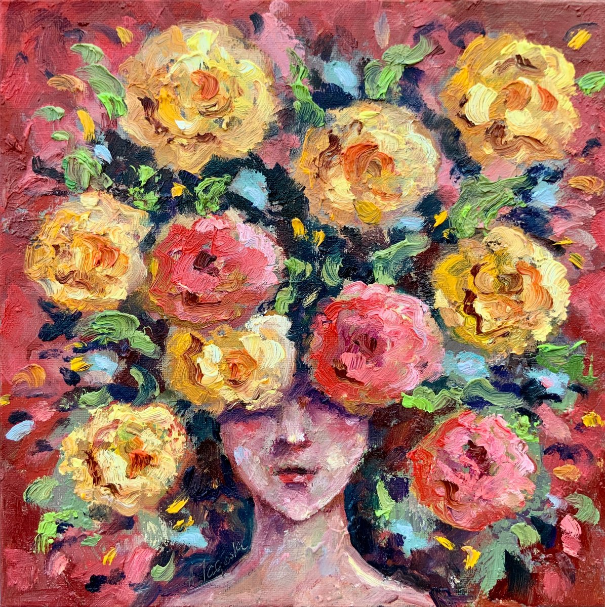 Impressionistic Portrait Oil Painting By Alexandra Jagoda (Ovcharenko), 11 X 11, Flowers And Woman, Original Artwork