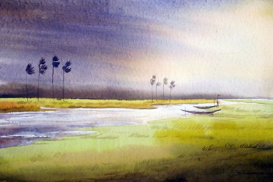 Monsoon Rural River - Watercolor painting