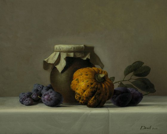 Honey and pumpkin, 41 x 51 cm, 2018, oil on canvas, original classic still life