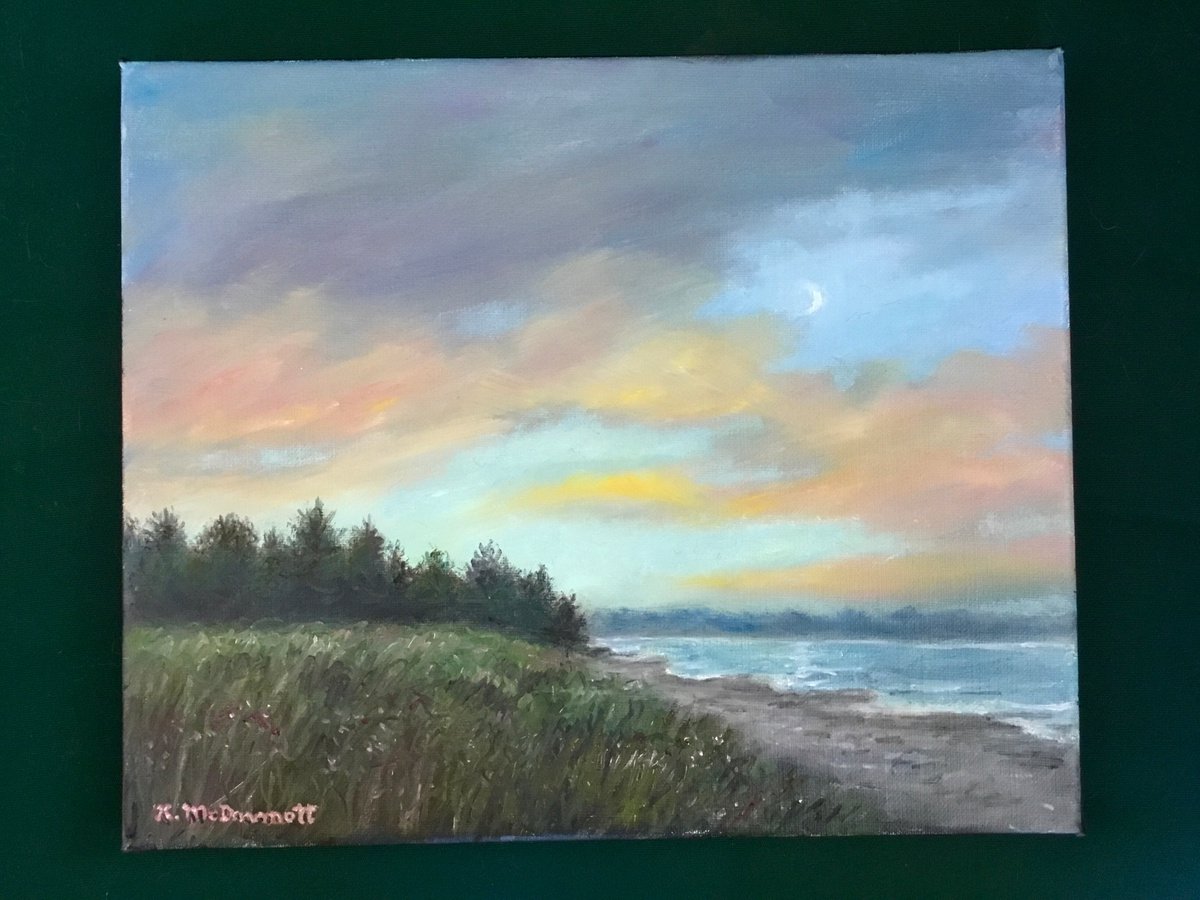 Impressionistic Landscape Oil Painting By Kathleen Mcdermott, 12 X 10", New Moon In The Afterglow, Original Artwork