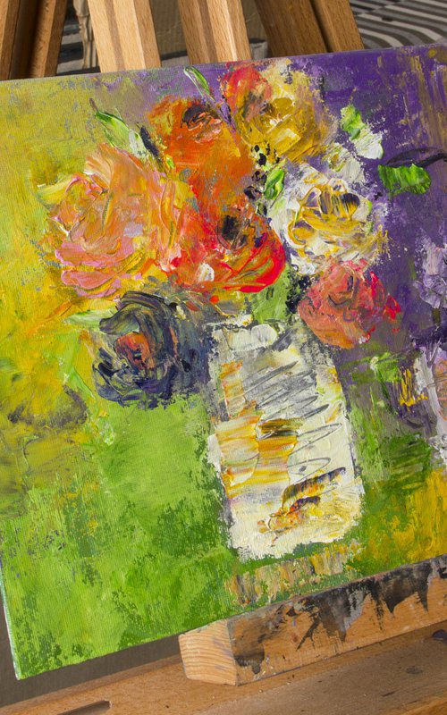 Small still life with bright colorful flowers in the white vase on green and lilac background by Irina Bocharova