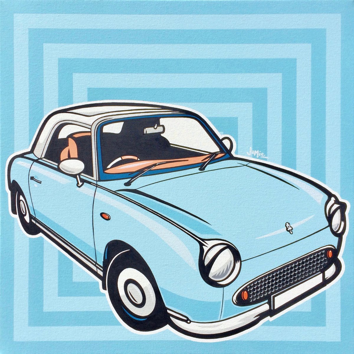 Urban And Pop Transport Acrylic Painting By Jamie Lee, 24 X 24, Nissan Figaro, Original Artwork