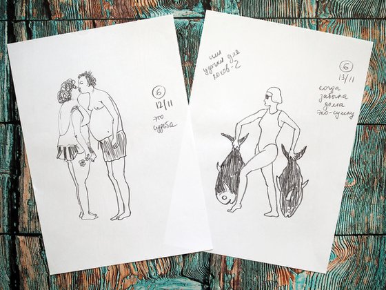Set of 2 sketches with people - pair in love and girl with fish