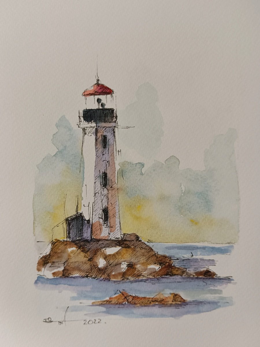 Lighthouse, watercolor and ink artwork on paper by Marinko �aric