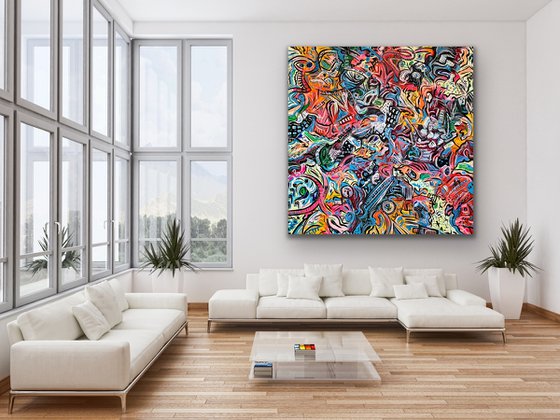 75''x 75''(190 x 190 cm), Life in Colors 32, blue, pink, cream, green black, texture, land earth colors canvas art  - xxxl art - abstract art painting- extra large art