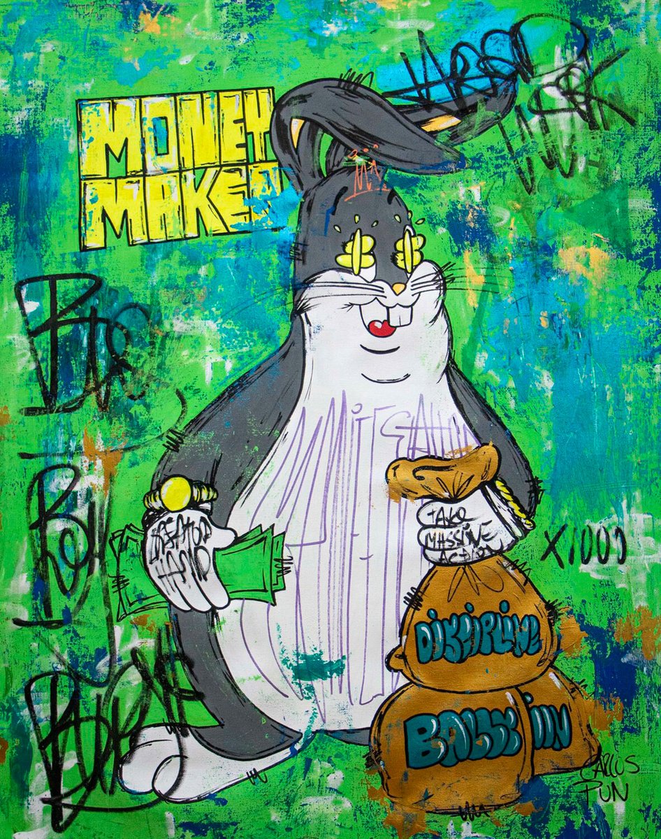 Cartoon Animal Acrylic Painting By Carlos Pun Art, 28 X 35, The Big Boy Ft. Bugs Bunny, Original Artwork