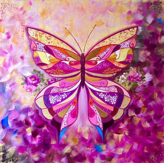 PINK URANIA - Big butterfly. Pink butterfly. Tropical butterfly. Abstract butterfly. Magic wings. Gold splashes. Steampunk style. Nature. Air. Flutters.