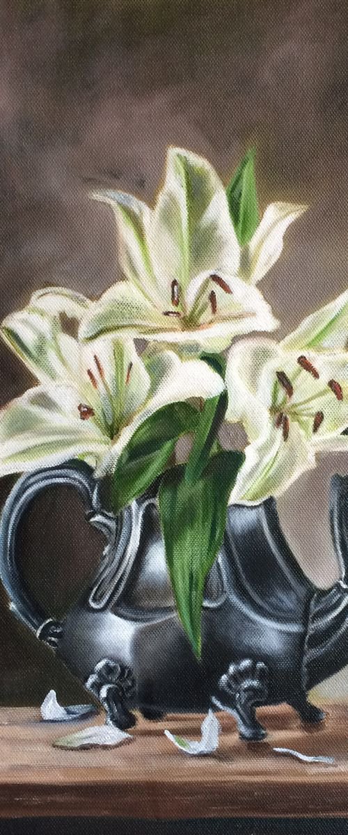 White Lilies in a jug by Ira Whittaker