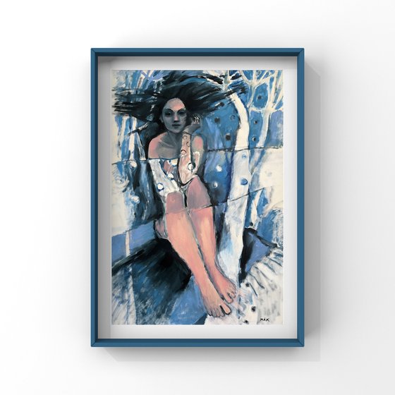 TIME - woman sky blue surreal painting - female figure drawing