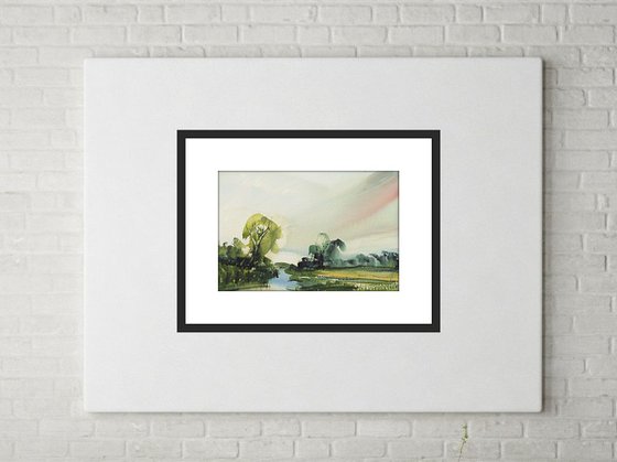 SUMMER MEADOW LANDSCAPE RIVER SEVERN, Worcs. Original Watercolour with mount (mat).