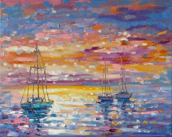 Ships at sea. Original oil painting