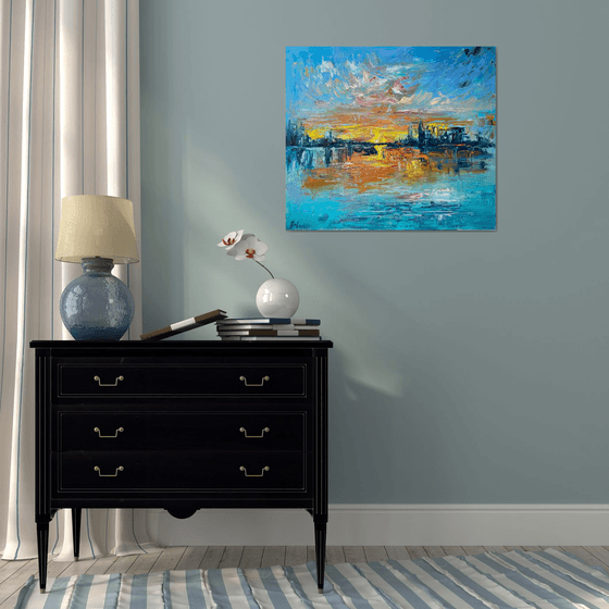 Sunset - Big city never sleeps, 70*80cm, impressionistic landscape oil painting in orange and turquoise