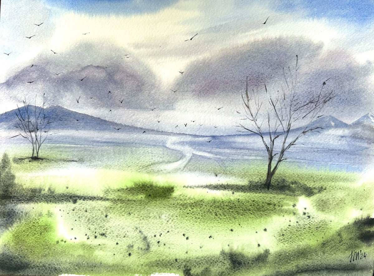 Expressive Landscape Watercolour By Yuliia Sharapova, 16 X 20", Spring Alpine Mountain Plateau, Original Artwork