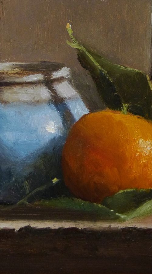 2 Clementines and a Blue Pot. by Pascal Giroud