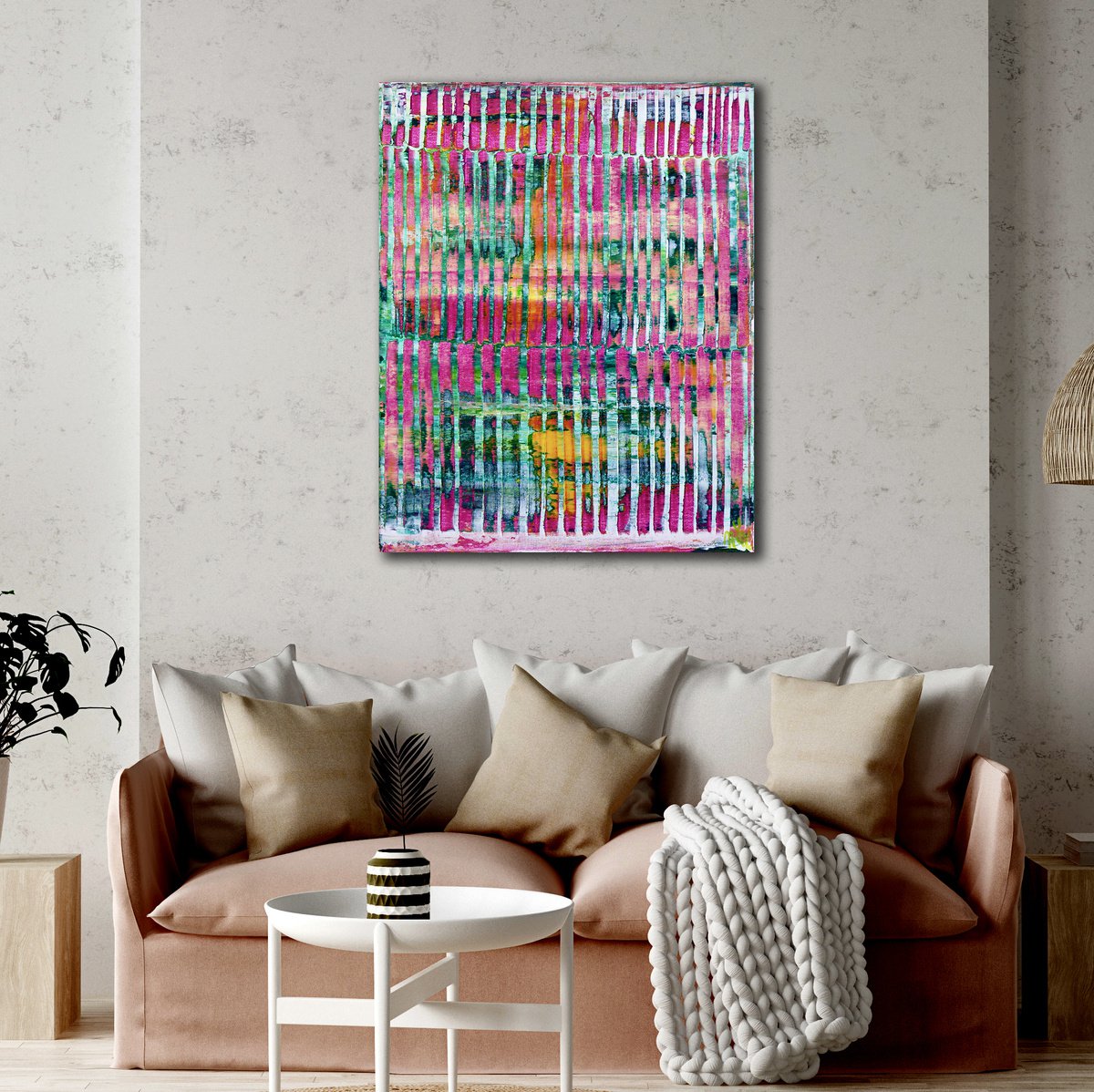 Abstract Acrylic Painting By Nestor Toro, 16 X 20", Pink Refractions (Green Textures), Original Artwork