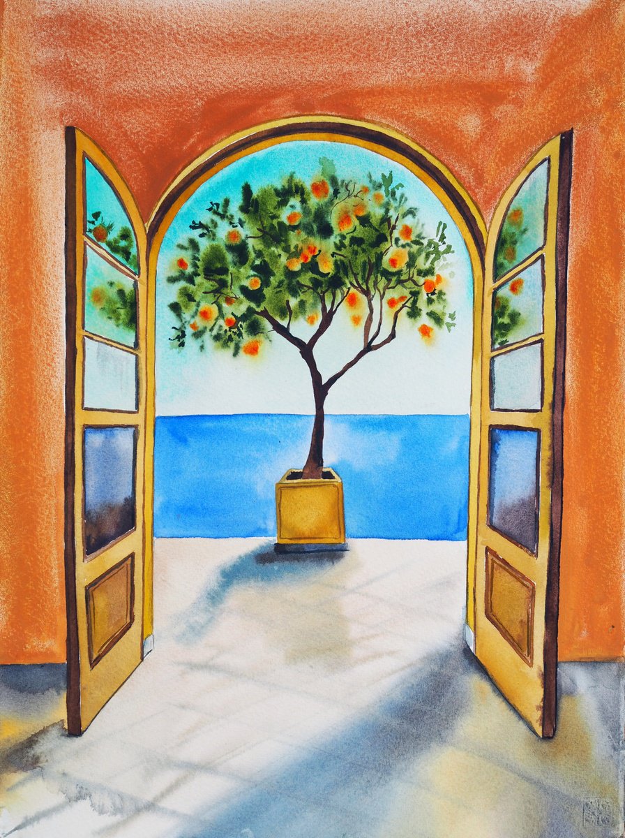 Impressionistic Cityscapes Watercolour By Delnara El, 11 X 15, Mediterranean View, Original Artwork