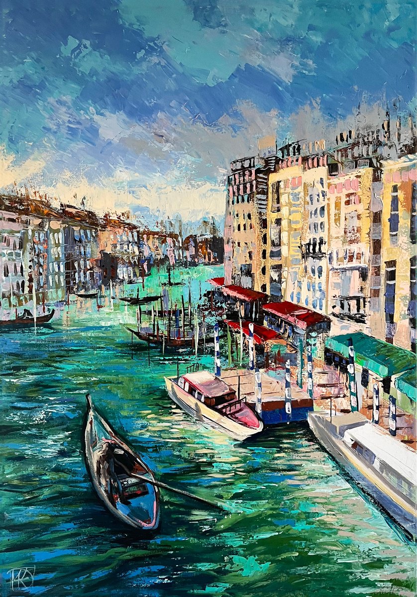 Impressionistic Landscape Acrylic Painting By Maria Kireev, 28 X 39", Sunny Venice, Original Artwork
