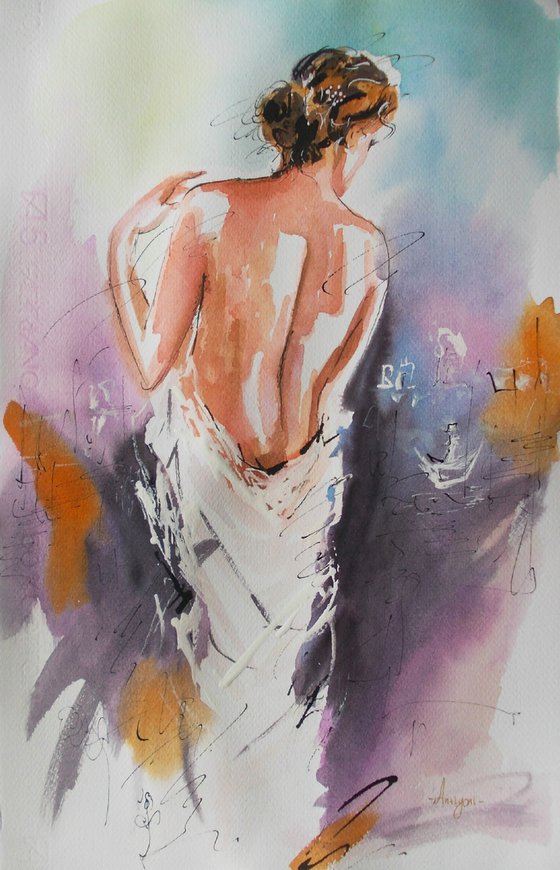 Aurora- Watercolor  Woman Painting on Paper