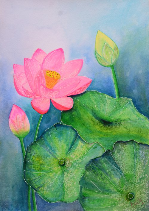 Lotus Bloom II ! A3 size Painting on paper by Amita Dand