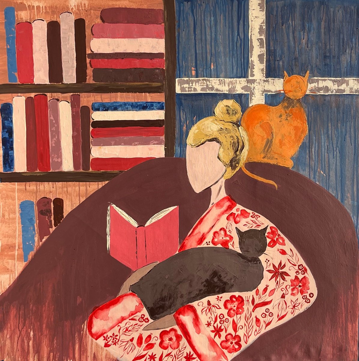 Woman Cat Painting By Halyna Kirichenko, 35 X 35, Artwork For Sale On Artfinder